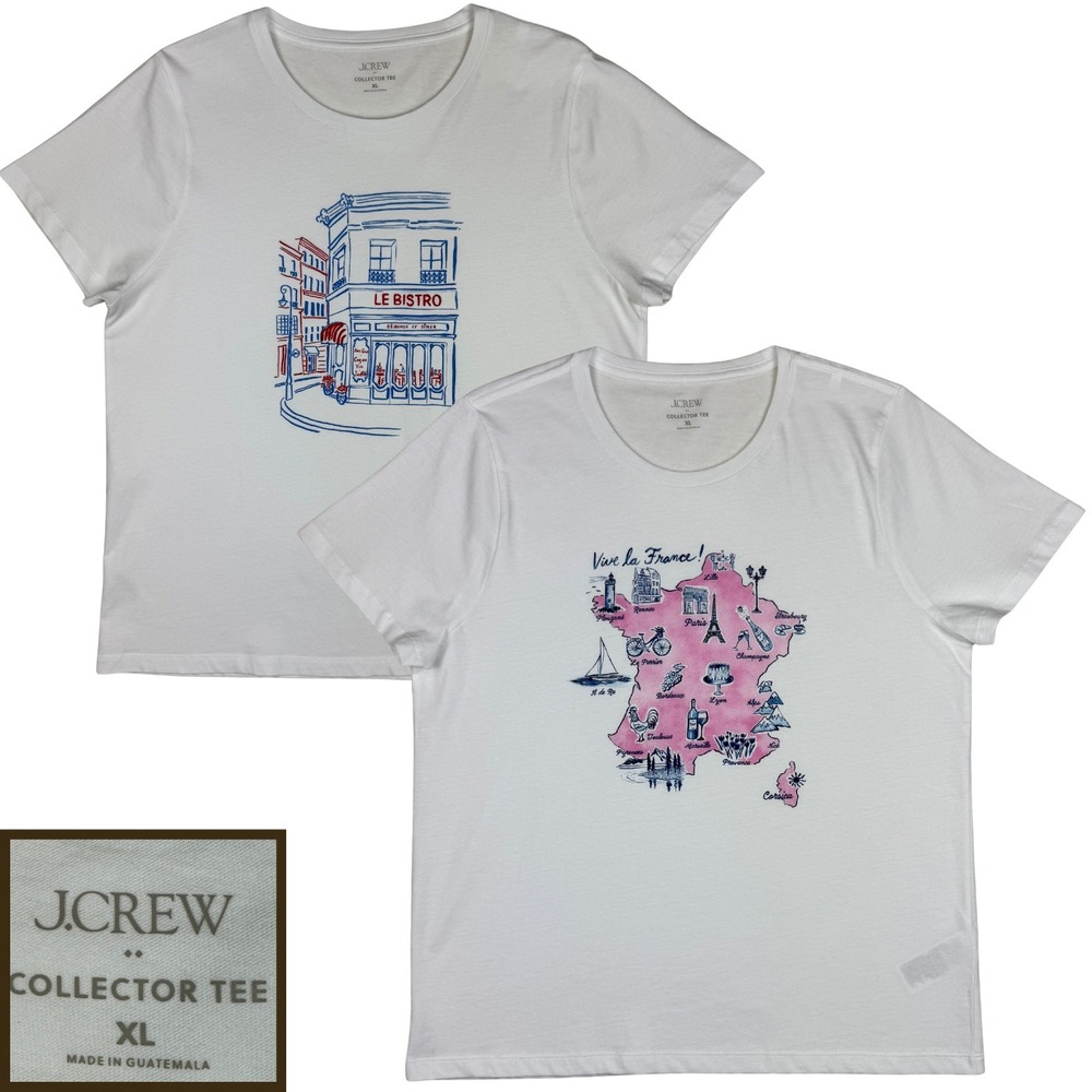 J.Crew Collector Tee France Map Le Bistro Graphic T-Shirt Women XL White 2PC Lot